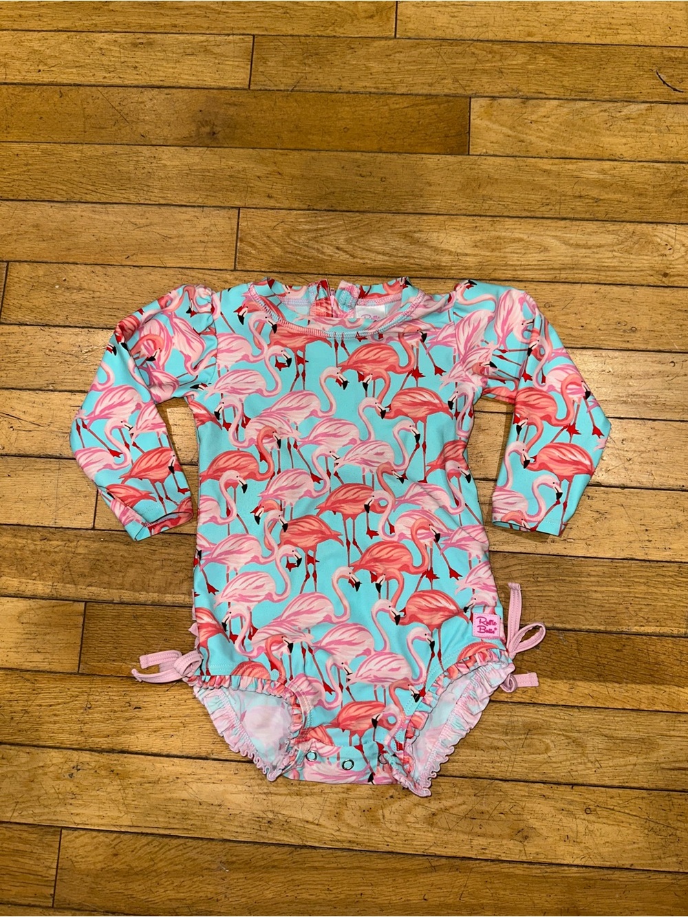 Baby Girl’s Ruffle Butts onesie flamingo swim suit bathing rash guard zip